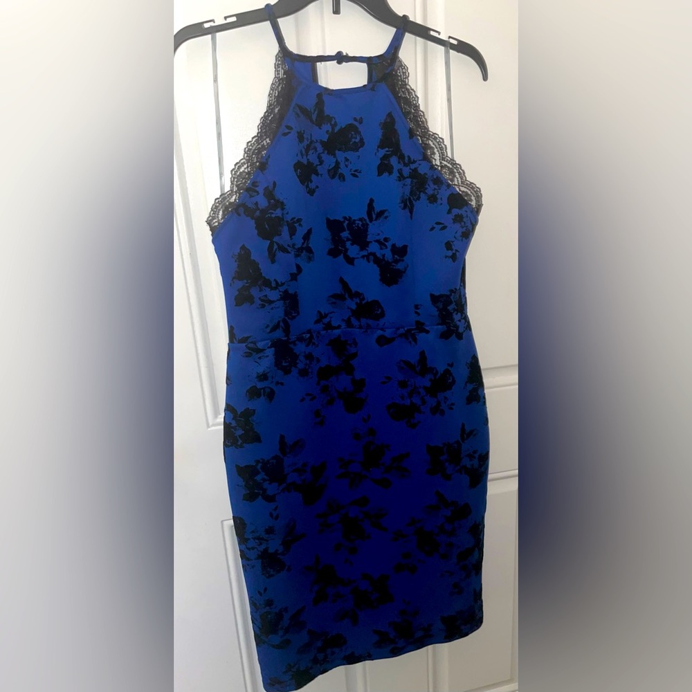 Large royal blue midi dress with black details